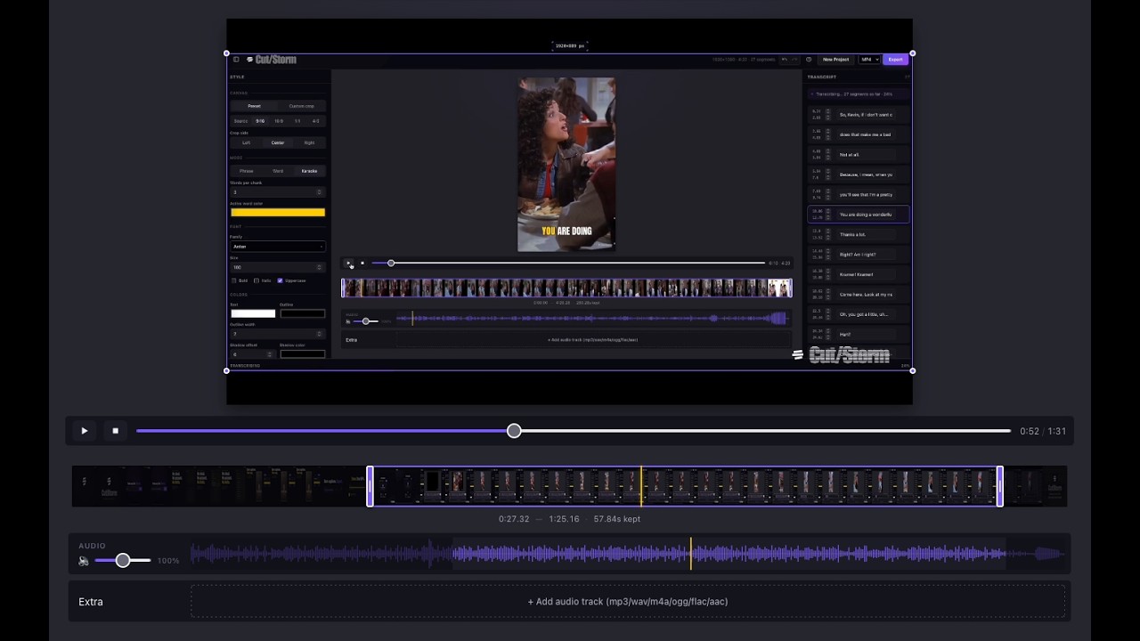 Cut/Storm video editor with captions and an editing timeline